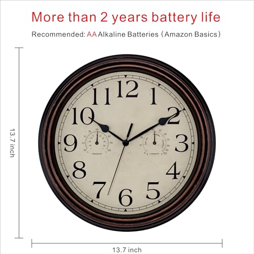 Image of Foxtop Indoor Outdoor Waterproof Wall Clock with Thermometer and Hygrometer Combo, 14 Inch Retro Silent Non-Ticking Battery Operated Quartz Round Outdoor Clocks for Patio Home Office (Bronze)
