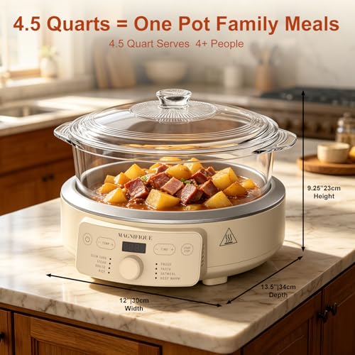 Image of MAGNIFIQUE Slow Cooker, 4.5 Quart 8-in-1 Glass Pot Multi-Cooker, Non-Toxic Slow Cooker with Removable Borosilicate Glass Pot, for Rice, Pasta, Steam & Proof, Oatmeal