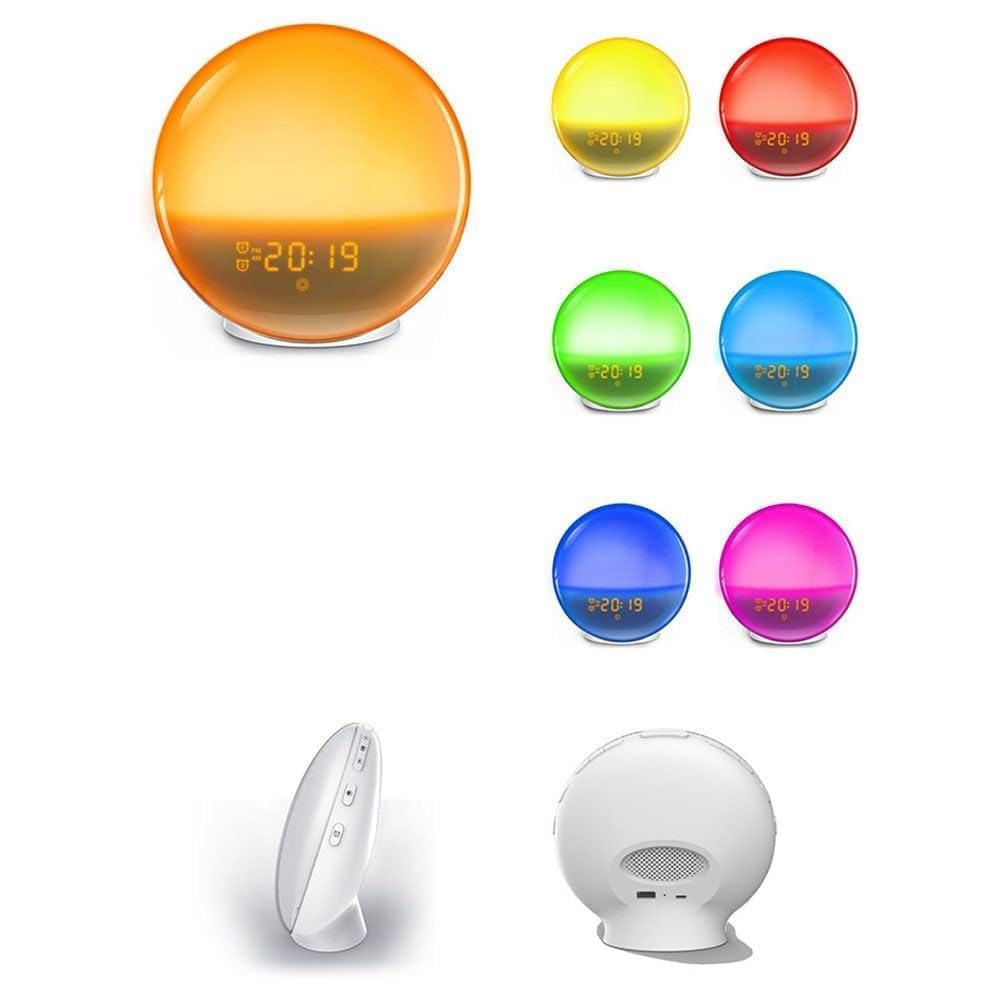 Reloj despertador Sunrise con alarmas duales y radio FM, para despertar luz con 15 luces nocturnas de colores y 8 sonidos naturales para personas que duermen mucho, color blanco