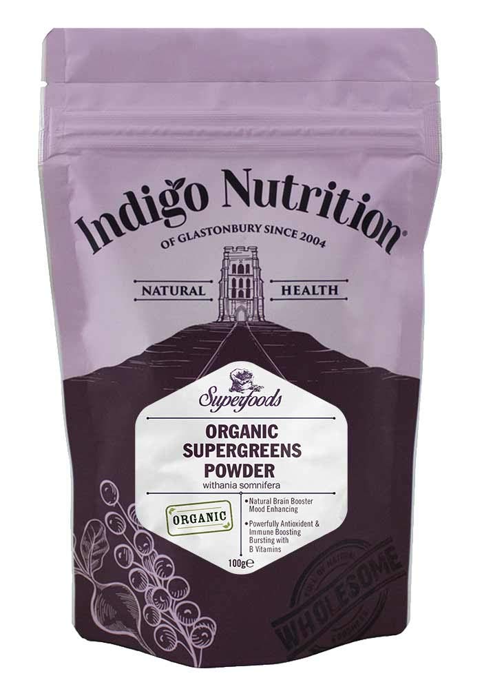 Indigo Herbs Organic Super Greens Powder 100g | Moringa, Spirulina, Chlorella, Wheatgrass, Barley Grass Mix