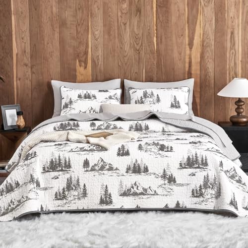 Wake In Cloud - Rustic Quilt Set Cabin Forest Woodland Camping Theme with Lodge Mountain Print Reversible Lightweight Bedspread Coverlet 3 Pieces Grey White Queen/Full Size