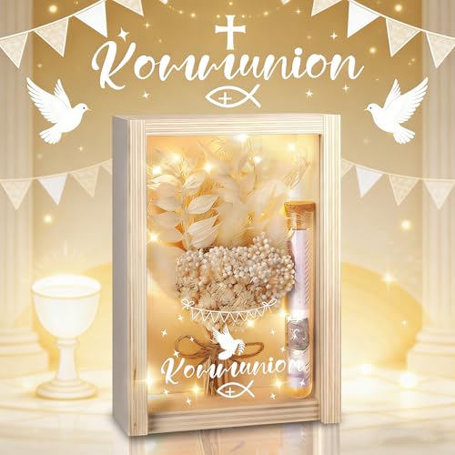Kommunion Geschenke für Mädchen Junge, LED Geldgeschenke Verpackung Geschenkbox, Kommunion Geschenke inklusive Getrocknete Blumen,Holzbox,Geschenke zur Erstkommunion Mädchen Junge
