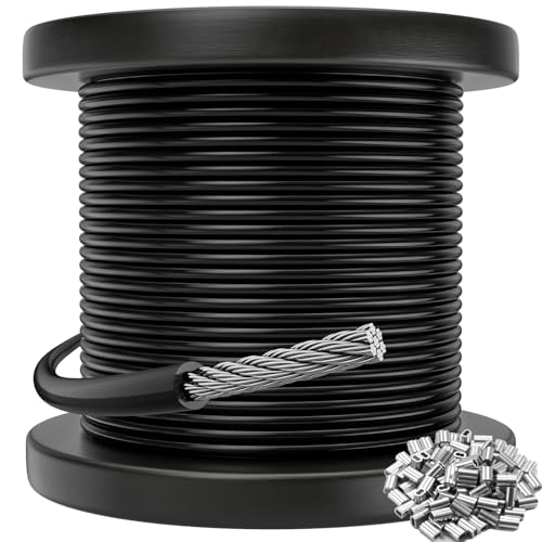 CELYND Black Vinyl Coated Cable - 304 Stainless Steel Wire Rope 1/16 Inch Overmolded to 3/32 Inch for Outdoor Hanging DIY Projects String Lights Trellis Clothesline 100ft