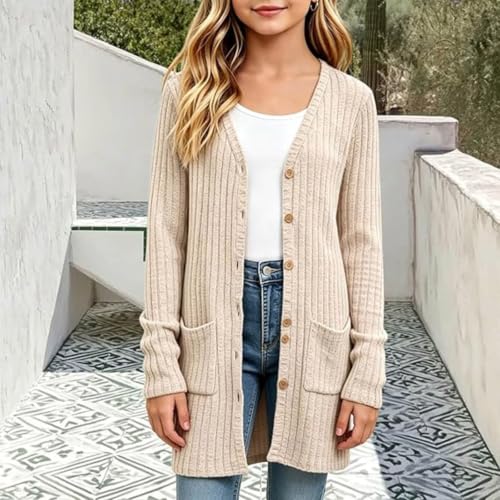 AIMAOMI Girls Long Cardigan Button Down Ribbed Knit Sweater Coat Beige 13-14 Years - image 2