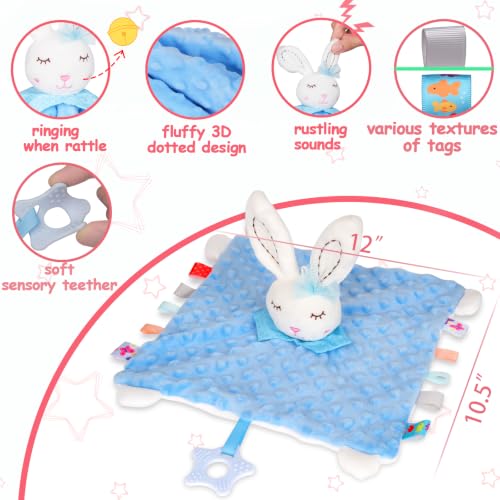 Image of Bunny Lovely Soothing Blanket with Tags Teether Bunny Blanket Soft Baby Blankets for Boys and Girls Baby Stuff for Newborn Toys Snuggle Toy Baby Lovey Dotted Toy Rabbit Animal Blue