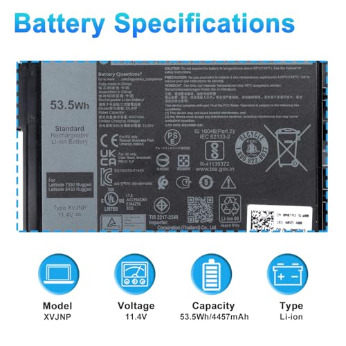 Image of XVJNP Battery Replacement for Dell Latitude 5430 7330 Rugged Extreme P148G P148G001 P149G P149G001 Series Notebook 6JRCP for Dell xvjnp Battery 53.5 Wh