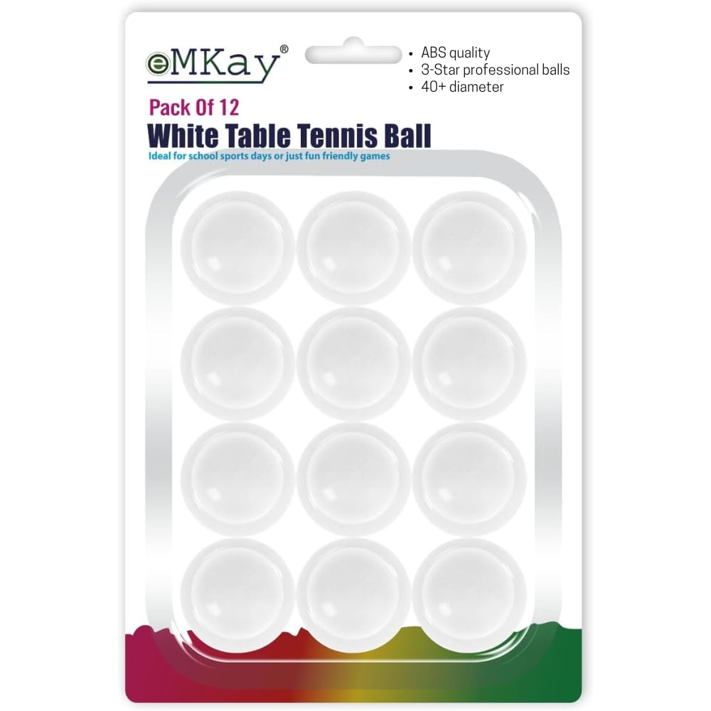 eMKay® Pack of 12 Ping Pong Table Tennis Balls (3-Star 40+ High-Performance ABS Material Training Balls) Ideal for Indoor and Outdoor Table Tennis - WHITE
