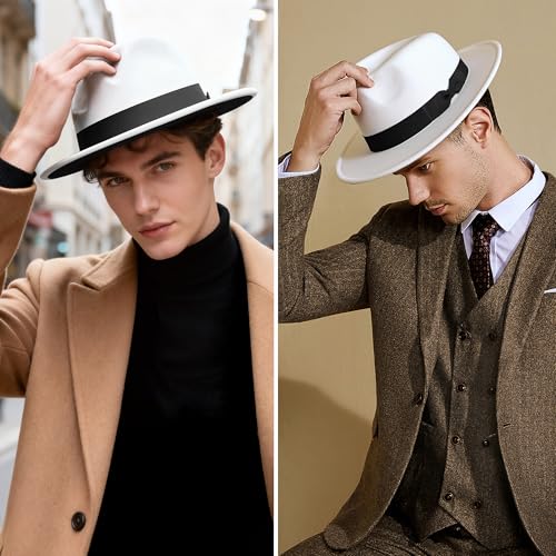 Image of BABEYOND 1920s Fedora Hat for Men Gatsby Wide Brim Fedora Hat Felt Panama Cap with Band for Women Men