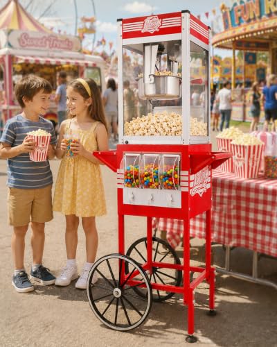 Image of Large Popcorn Machine with Cart: 12 Oz Vintage Commercial Popcorn with Candy Dispenser Makes Up to 48 Cups, 3 Serving Cups, Measuring Cups & a Scoop for Home Party Office, Matte Red