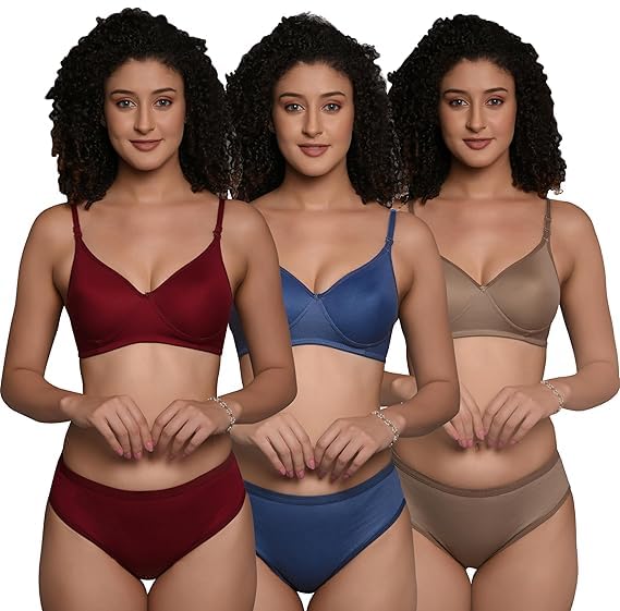 Image of Women's Cotton Full Coverage Lightly Padded Wire Free Sexy Bra Panty Lingerie Set Honeymoon Bikni Set for Girl's Combo Pack of 3