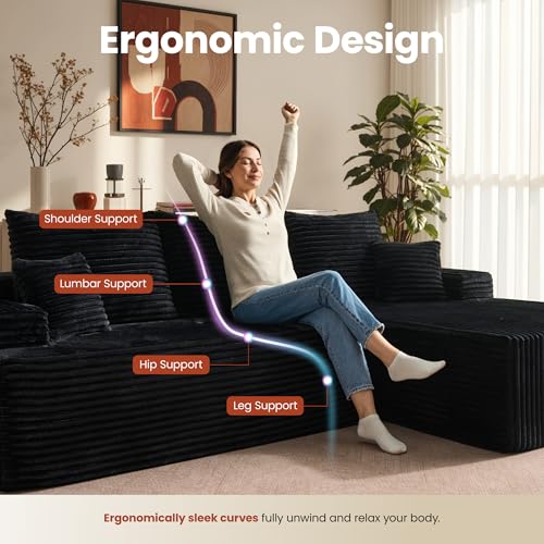 Image of ovios 96 inch Cloud Sectional Couch with L-Shape Chaise,Modern Modular Sofa with Deep Seat, Upholstered Couches for Living Room Bedroom,No Assembly Required, Black (Plush Corduroy Fabric)