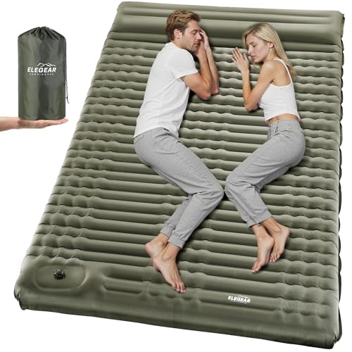 Elegear Double Sleeping Pad for Camping, 4' Ultra-Thick Self Inflating Camping Pad 2 Person with Pillow Built-in Foot Pump, Portable Camping Sleeping Mat for Backpacking, Hiking, Tent(Army Green Full)