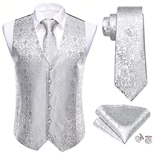 Image of Barry.Wang Silver Vest Men Paisley Silk Jacquard Waistcoat Ties Handkerchief Cufflinks Set Formal /Leisure 5PCS