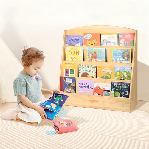 Image of Montessori Bookshelf, 4 Tier Kids Bookshelf - Safe, Sturdy, and Easy to Clean, Premium Wooden Book Shelf for Kids Rooms, Playroom, Classroom, Nursery（31-1 /2 inch D x 11-4 /5 inch W x 31-1 /2 inch H）
