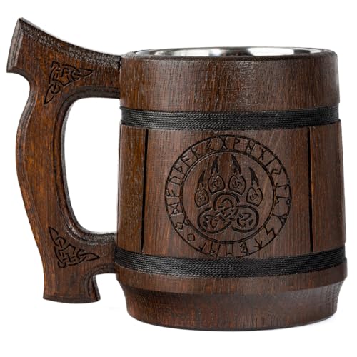 TESLYAR Jarra de Madera 0.6L - Regalo Original para Hombre - Diseño Vikingo con Lobo - Cerveza de Navidad