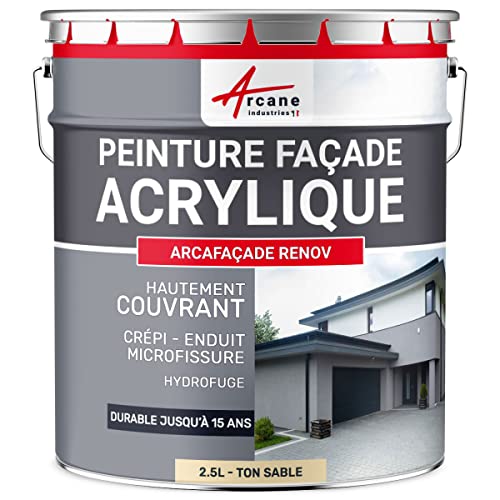 ARCANE INDUSTRIES Peinture Façade - Peinture Hydrofuge Acrylique 14 Couleurs - Dure jusqu'à 15 Ans - 2.5 L (+ ou - 15 m² en 1 Couche) Ton Sable - RAL 085 90 20