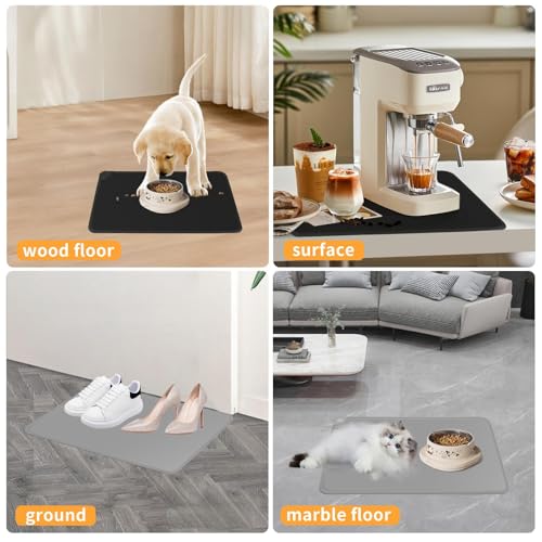 FHISKUNYU 2er Set Silikon-Futtermatten für Hunde und Katzen | 48 x 30 cm | wasserdichte & rutschfeste Unterlage | Leicht zu reinigen | Schwarz & Grau