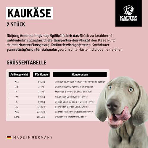 Kauies Kaukäse - 100% natürliche Käsestange für Hunde aus frischer Kuhmilch, proteinreich, laktosefrei, glutenfrei, Zahnpflege, Handmade in Germany - Größe XXL (2 x 200g) für Hunde bis 30kg
