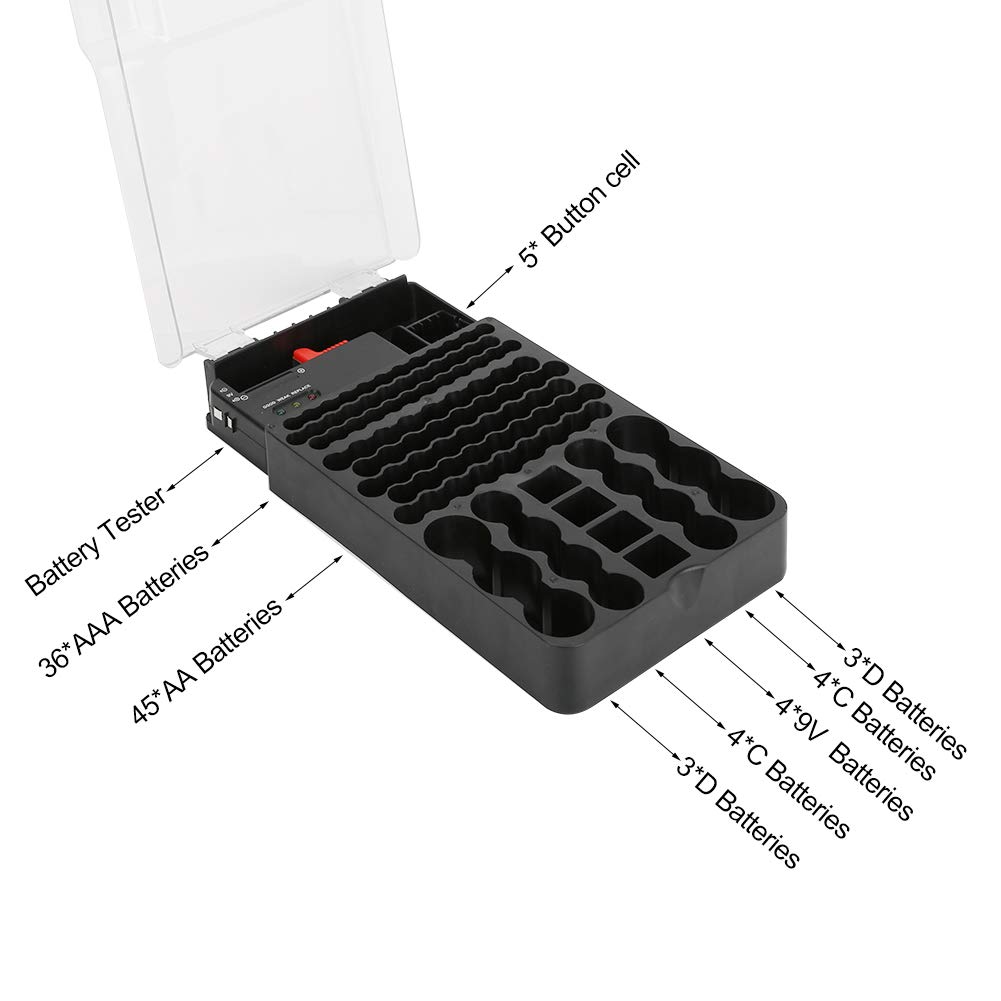 Conteneur en matériau ABS Transparent – ​​Mallette de Rangement multifonctionnelle à 104 Compartiments et Organisateur avec testeur de Batterie intégré – Indicateur d'état à 3