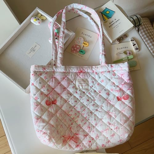 Image of Floral Quilted Cotton Shoulder Bag for Women Daily Use Medium Size Handbag Large Capacity Thickened Design Tote