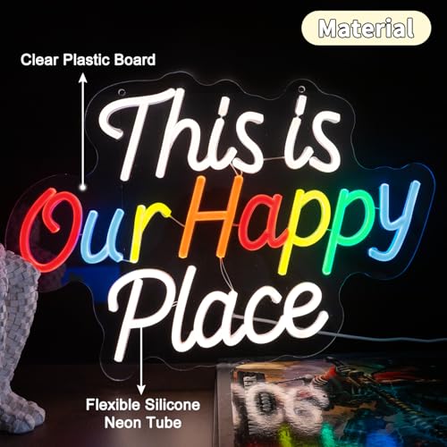 Image of This is Our Happy Place Neon Sign, Letter Neon Signs for Wall Decor Dimmable Light up Sign, Classroom Wedding Kids Room Store Home Neon Decor 16.54 x 11.81 inch