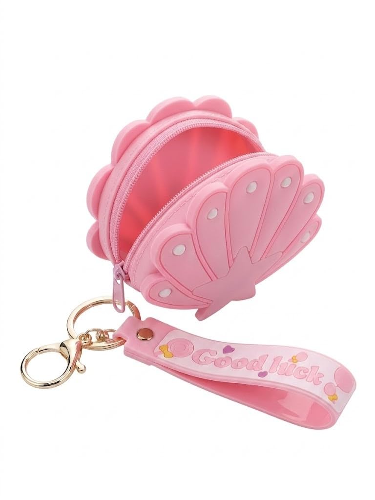 Pink Seashell Silicone Keychain Pouch with Good Luck Wrist Strap and Gold-Tone Ring-image-1