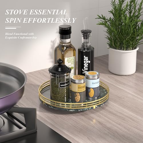 Image of Green Marble Lazy Susan Turntable for Table Top - 10 inch Round Marble Tray Organizer for Dining Table, Kitchen Countertop & Bar, Luxury Stone Serving Tray with Gold Frame