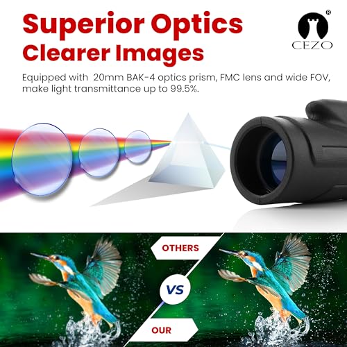 Image of Cezo 12x50 Monocular for Adults Kids,HD Monocular Scope for Gifts Monocular Telescope for Smartphone Watching Birds Hiking,Concert,Travelling- Black