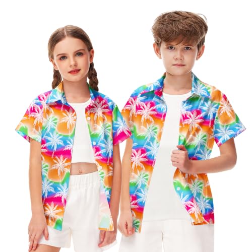 Image of Remimi Unisex Kids 4th of July Button Up Shirt Boys American Flag Print Hawaiian Beach Short Sleeve Tops 5-14 Years