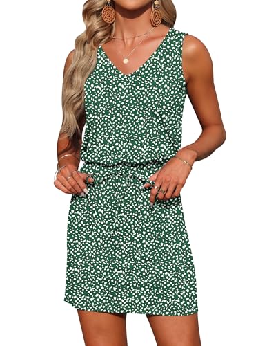 Image of AUSELILY Womens Summer Sleeveless V-Neck Drawstring Waist Beach Cover up Mini Short Swing Dresses with Pockets