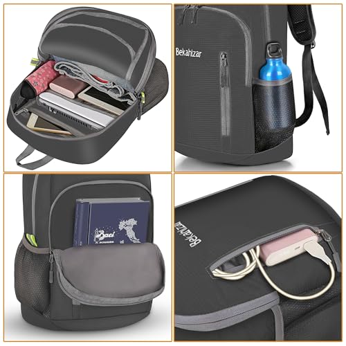Bekahizar 20L Faltbarer Rucksack Ultra Leichter Wandern Daypack Wasserfest Kleiner Reiserucksack Tasche für Männer Frauen Kinder Outdoor Sports Camping Reisen Jogge Radfahren Klettern (schwarz)