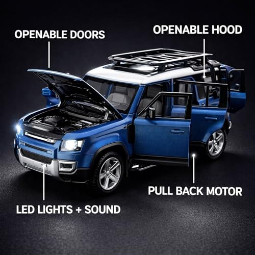 Image of Land Rover Defender 110 2020 1:24 Scale Die-Cast Car Model Blue - All Four Doors Open Engine Hood Roof Rack Pull-Back Alloy Modern SUV Collectible