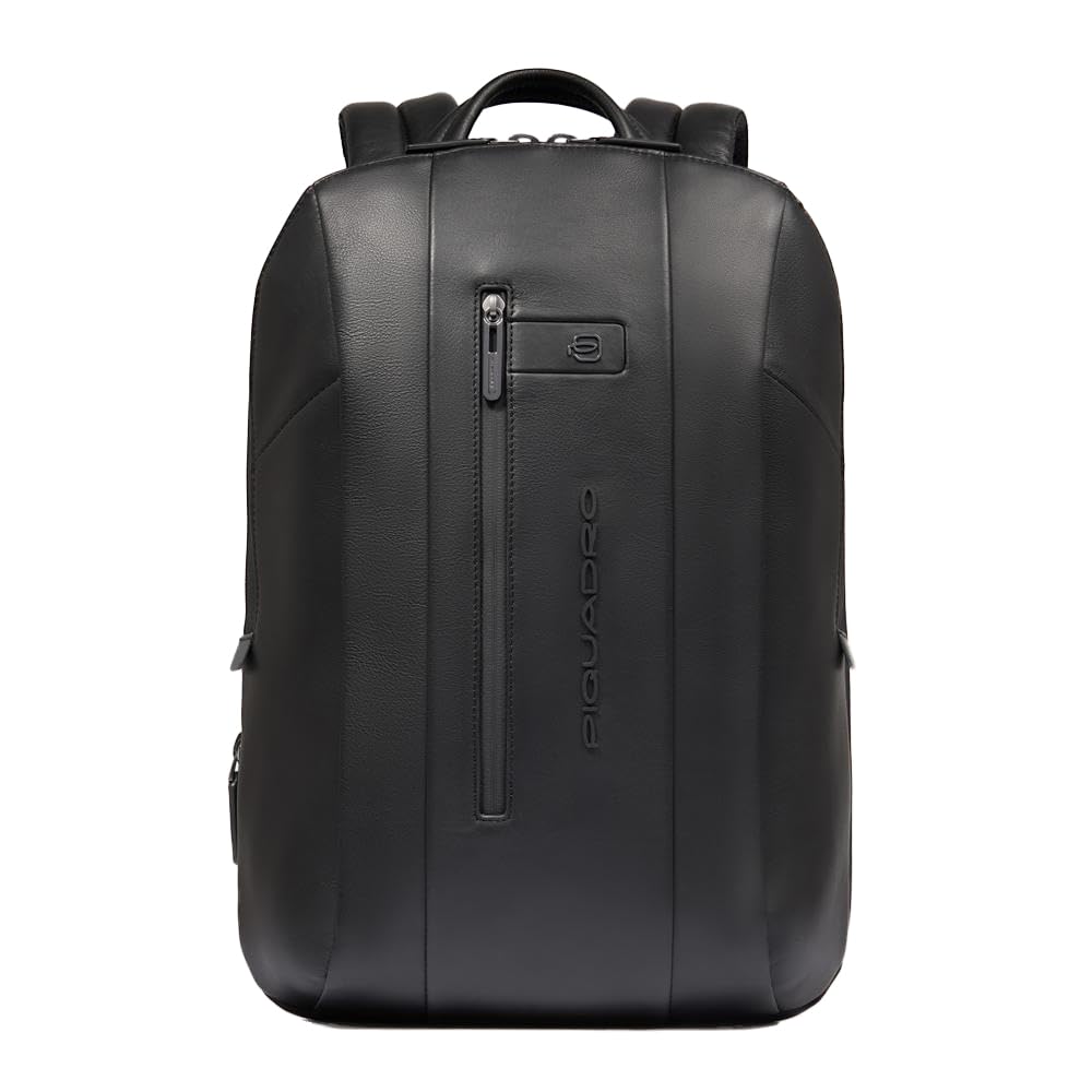 PIQUADRO - Zaino Porta PC 15,6" Espandibile in Pelle - Uomo - Nero | Aggancio per Trolley, Volume extra, Spallacci imbottiti, Vani organizzati, Ufficio, Uso quotidiano