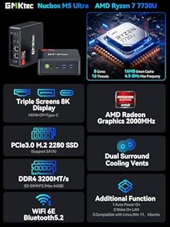 GMKtec Mini PC AMD Ryzen 7 W-1 Pro 7730U (Superiore a Ryzen 7 5825U) (8Core / 16Thread, fino a 4,5 GHz), M5 Ultra Dual LAN 2.5G Mini Computer, 16GB DDR4 RAM+512GB SSD PCIe, WiFi 6,USB 3.2,USB-C,BT 5.2