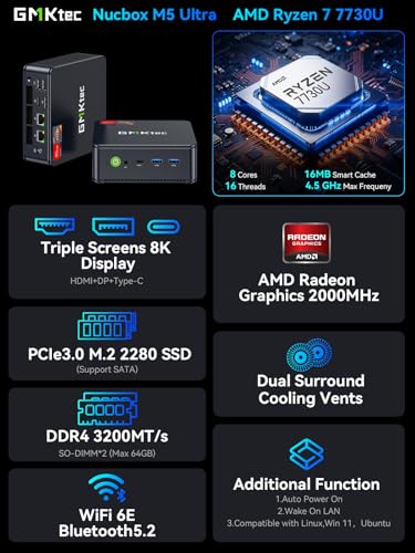 GMKtec AMD Ryzen 7 Mini PC W-11 Pro 7730U(Schlagen Sie Ryzen 7 5825U) (8 C/16 T4,50 GHz), M5 Ultra Dual LAN 2.5G Mini Computer, 32GB DDR4 RAM+1TB PCIe-SSD, WiFi 6, USB 3.2, USB-C, BT 5.2, DP, HDMI - Afbeelding 3