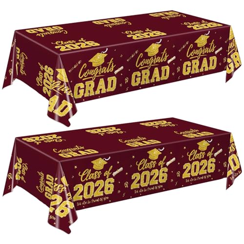 LINHAXM Graduation Decorations 2026 Maroon and Gold Graduation Tablecloths 2-Pack Congrats Grad Disposable Plastic Table Covers for Class of 2026 Grad Party 54 x 108