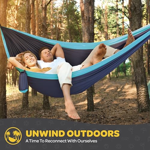 Image of Durable Hammock 500 lb Capacity, Nylon Camping Hammock Chair - Double or Single Sizes w /Tree Straps and Attached Carry Bag - Portable for Travel /Backpacking (Large, Black with Net)