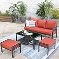 HOOOWOOO Outdoor Patio Furniture Set 4 Pieces Modern 3-Seat Sofa with Ottoman Coffee Table Wicker Patio Conversation Set Bistro Set for All Weather,Orange Red Cushion