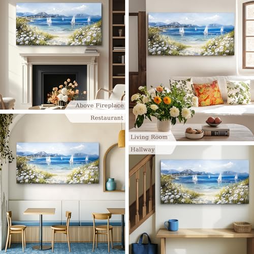crmotu Beach Wall Art, Coastal Wall Art, Large Wall Decor, Wildflower Art Landscape Painting, Seaside Sailboat Canvas Pictures for Living Room Bedroom Dining Room Office Art Prints 30x60inch
