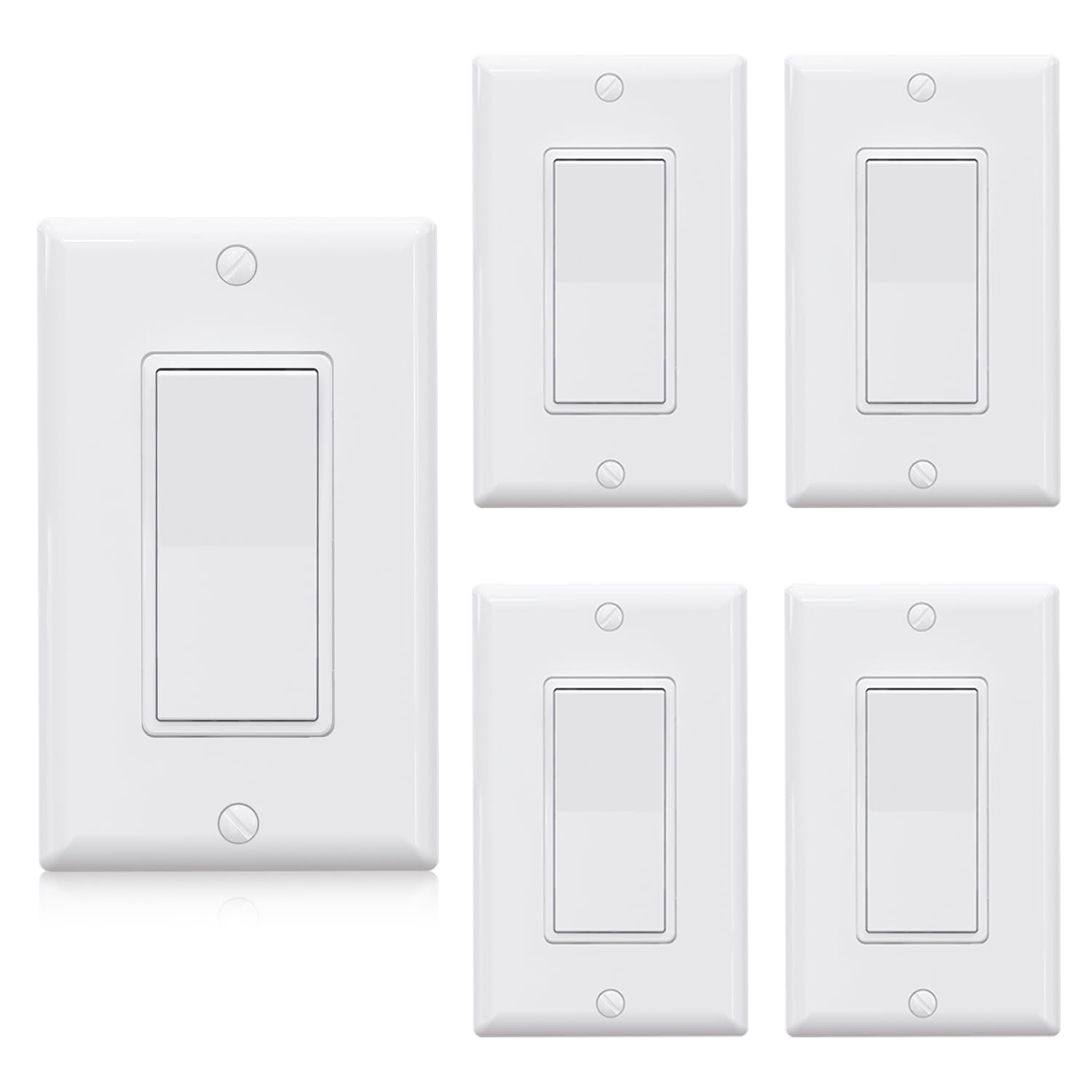 ELEGRP Single Pole Decors Light Switch with Plate 15Amp, 120-277V, Paddle Rocker Switch Replacement, On/Off Wall Switch, Self-Grounding, Residential