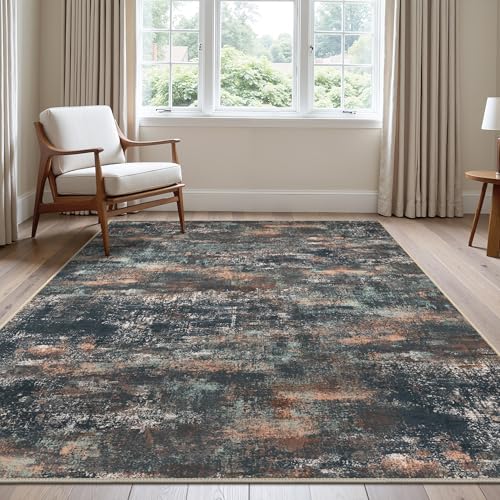 Area Rugs 10x14 for Living Room Bedroom, Modern Abstract Machine Washable Rug, Large Soft Low Pile Floor Cover with Non Slip Backing for Dining Room, Dark Blue Rust