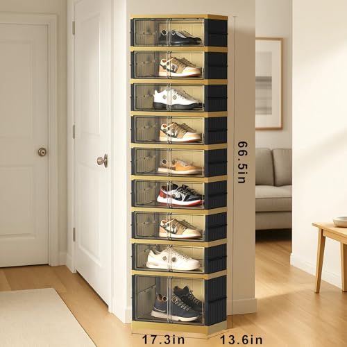 Image of SYNCVIBE Shoe Rack Organizer for Closet Entryway Foldable Sneaker Storage Shoe, Collapsible Shoe Cabinet, Stackable Shoe Storage Cabinet with Lids for Living Room (9 Tiers -18 Pairs Black Gold)