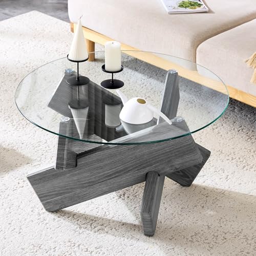 EURHCIO Table Basse Verre Ronde 79X79X45CM,Table Basse Salon,Tables D'appoint avec Verre Trempé de 0,8cm D'épaisseur,Cadre en Bois Créatif en Forme de...