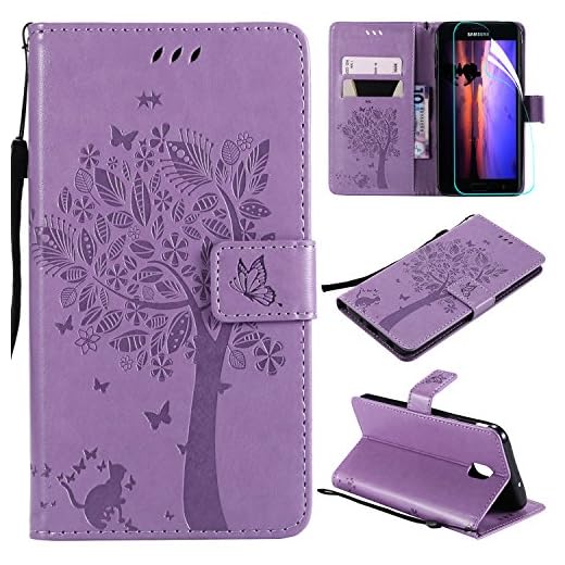 Galaxy J7 2018 Case with Screen Protector,For Samsung Galaxy J7 Aero/J7 Star/J7 Top/J7 Crown/J7 Aura/J7 Refine/J7 Eon Case Flip Case,PU Leather Tree Cat Flowers Wallet Case Card Slots Light Purple