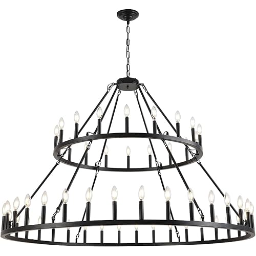 2 Tier Large Wagon Wheel Chandelier 54 Light 59 inch,Black Extra Large Round Pendant Light Fixture,Farmhouse Rustic Industrial Country Style Candle Chandeliers for High Ceilings,Foyer