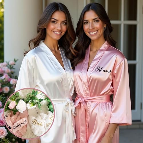 Custom Women Satin Robes with Slippers, Gift Set for Her, Personalized Bride and Bridesmaid Gift Bundle2