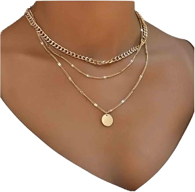 Yheakne Boho Layered Disc Necklace Choker Gold Coin Pendant Necklace Flat Curb Chain Necklace Vintage Multilayer Necklace Chain Jewelry for Women and Girls Gifts