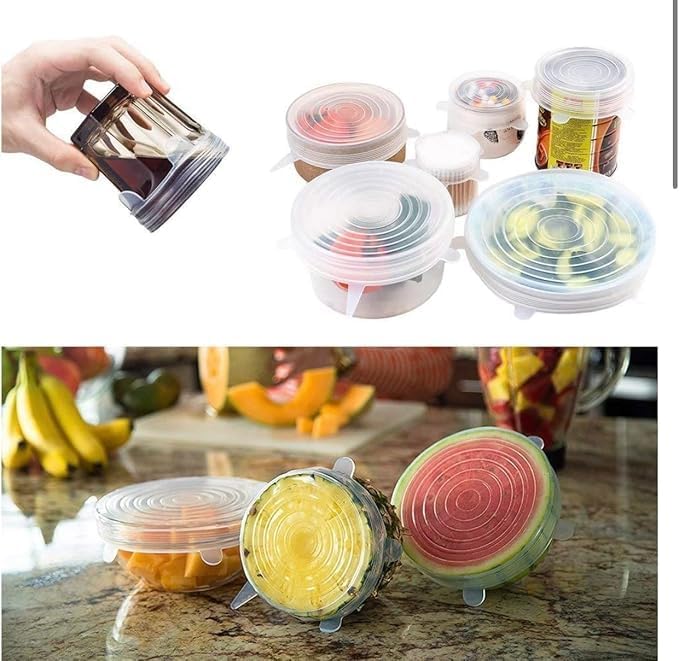 Miniatura 4 de Tapas elásticas y selladas de silicona reutilizables de alta calidad 6 piezas, fundas versátiles y ecológicas para almacenamiento de alimentos,