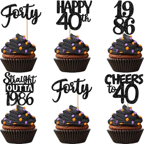 30PCS Black 40th Birthday Cupcake Toppers Glitter Forty Happy 40th...