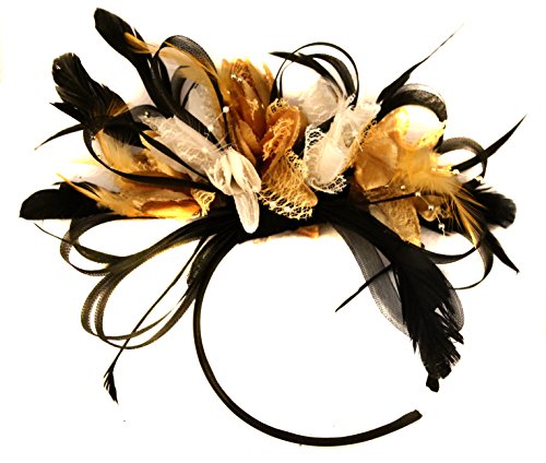 Image of Black Gold and Cream Feather Hair Fascinator Headband Wedding Royal Ascot Races